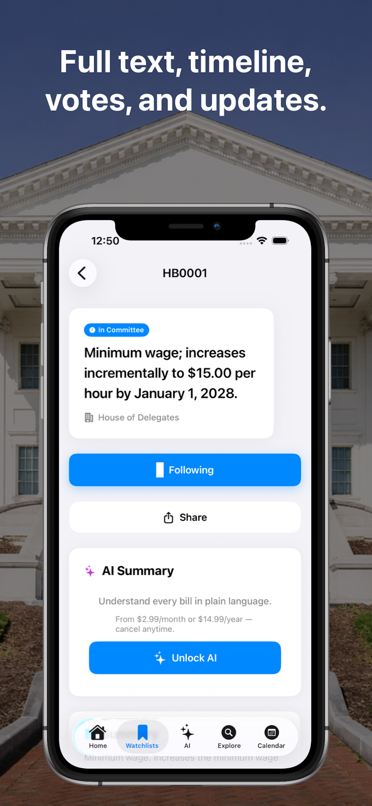 Virginia bill details and summaries in PolicyPal VA app