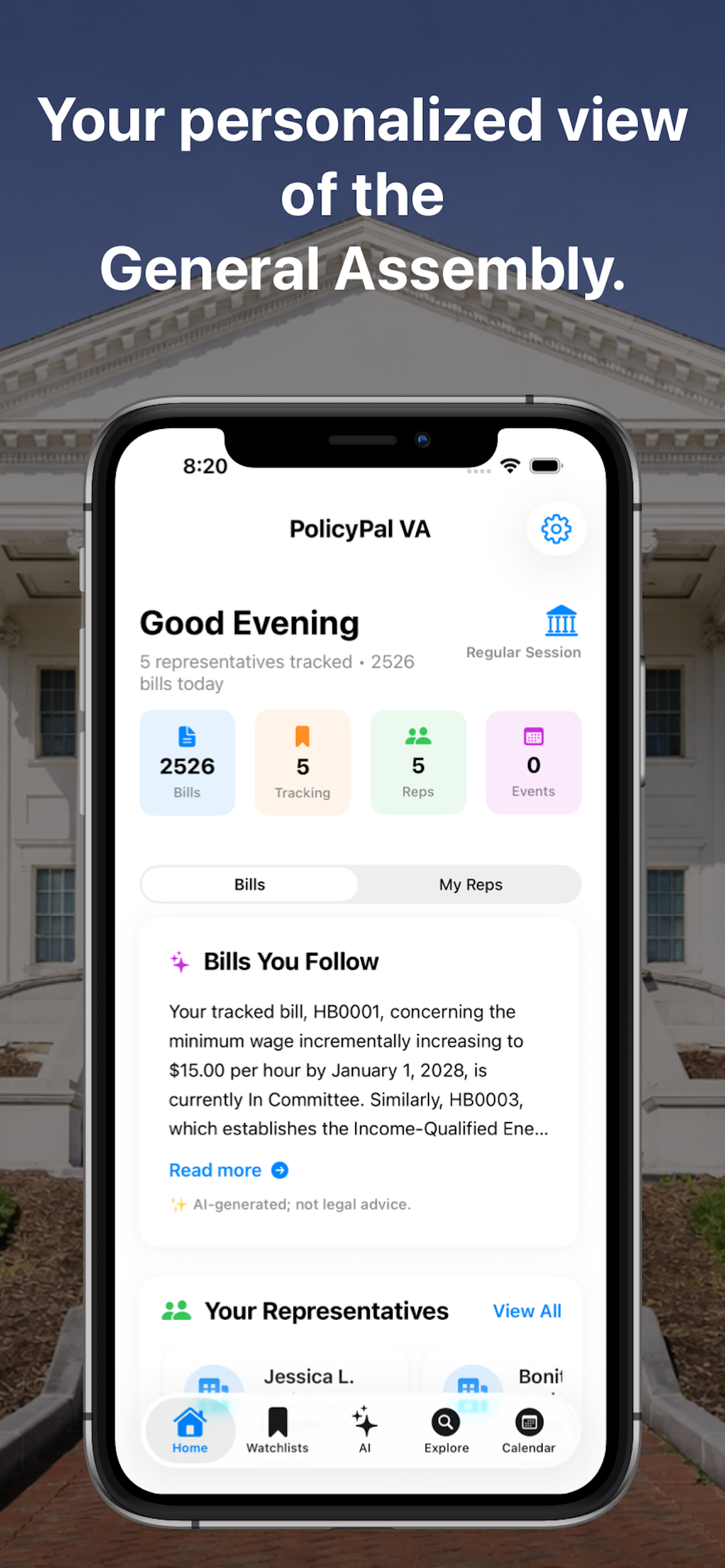 PolicyPal VA app home screen: track Virginia General Assembly bills, delegates and senators on iPhone