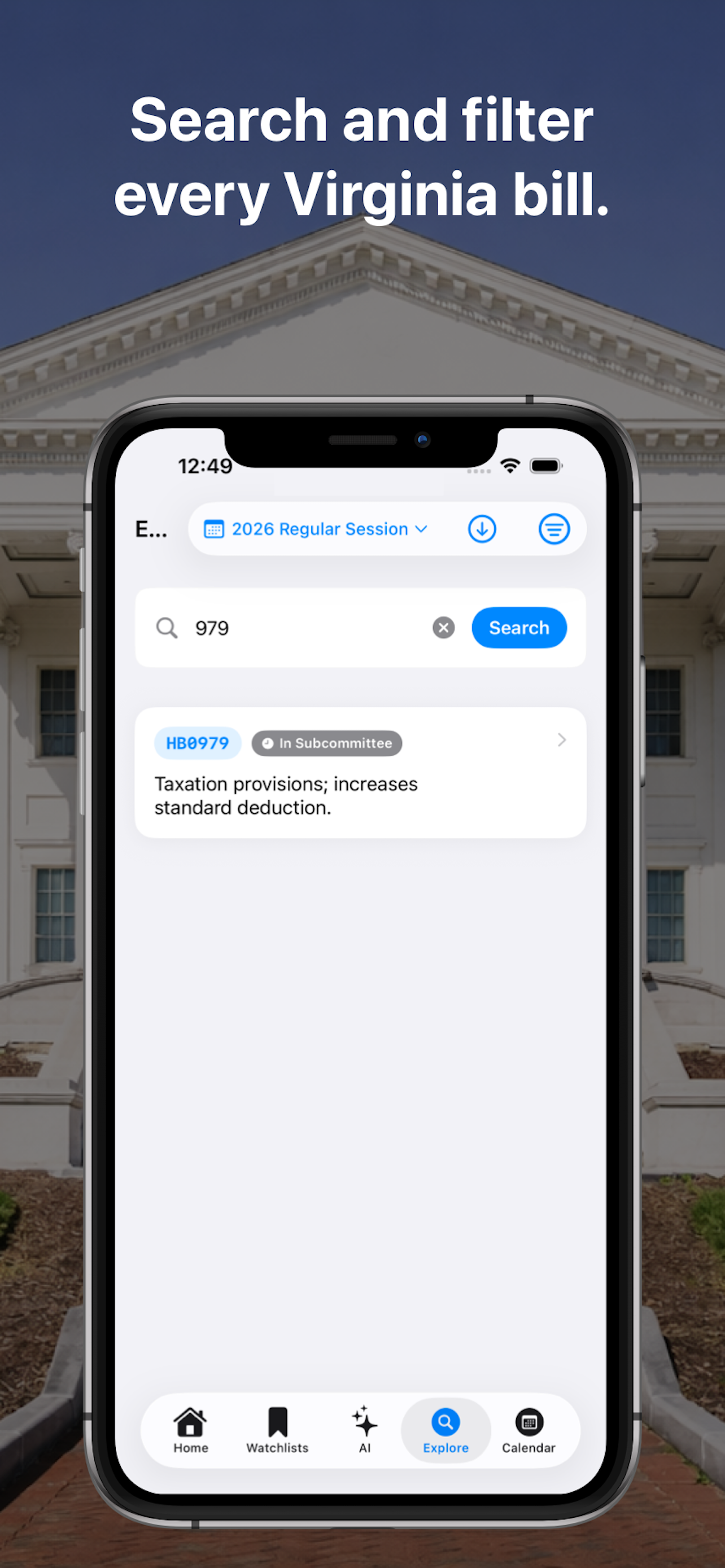 Search Virginia legislation and bills in PolicyPal VA app
